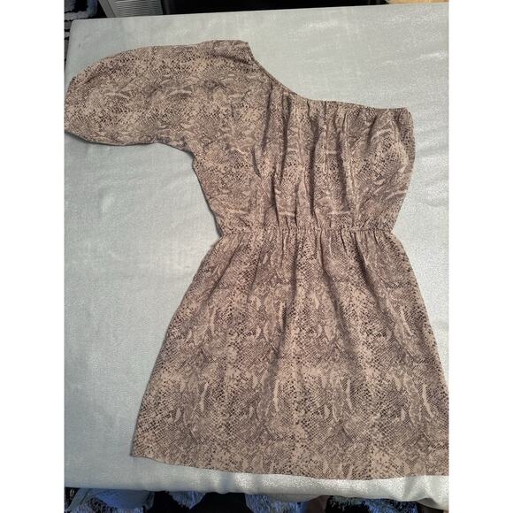 Rebecca Taylor One Shoulder Snake Print 100% Silk Dress Beige Brown - Picture 1 of 8